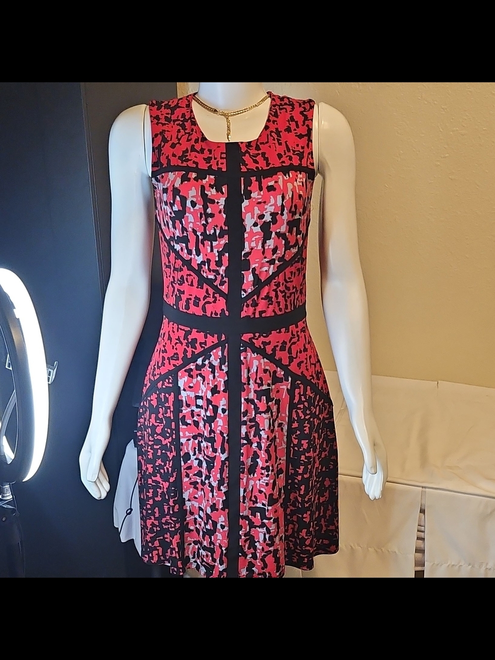 Taylor Pink & Black Printed Sleeveless Fit-and-Flare Dress